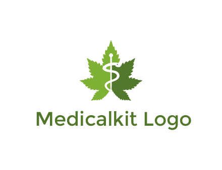 Rod of Asclepius inside marijuana leaf for a medicine logo