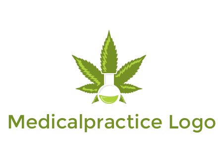 medical logo displaying laboratory flask with marijuana leaf