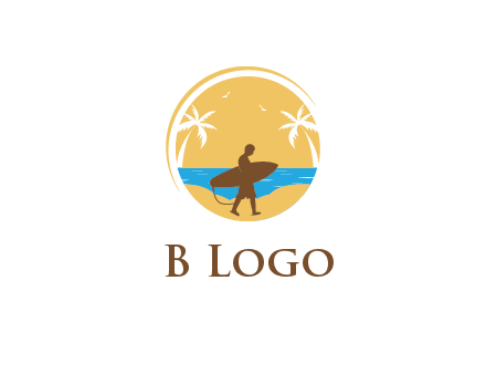 circular logo with palm trees and a surfer walking on the beach