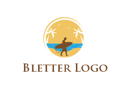 circular logo with palm trees and a surfer walking on the beach