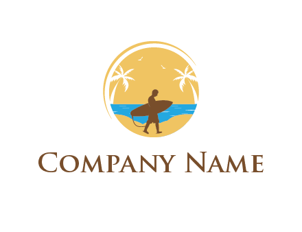 circular logo with palm trees and a surfer walking on the beach