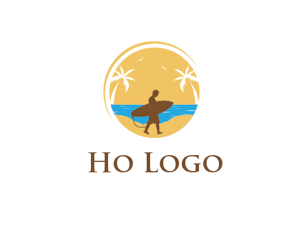 circular logo with palm trees and a surfer walking on the beach