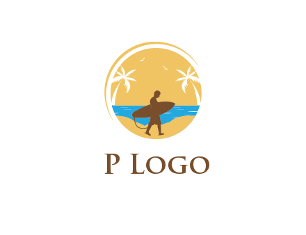 circular logo with palm trees and a surfer walking on the beach