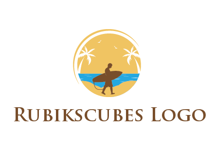 circular logo with palm trees and a surfer walking on the beach