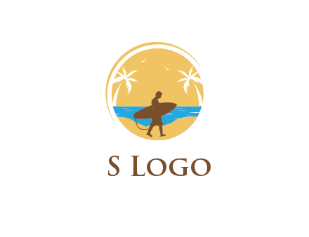 circular logo with palm trees and a surfer walking on the beach