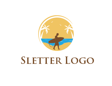 circular logo with palm trees and a surfer walking on the beach