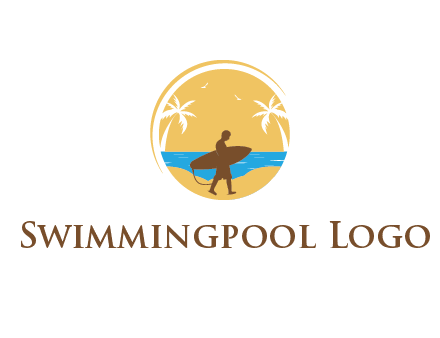 circular logo with palm trees and a surfer walking on the beach