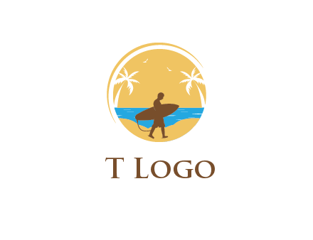 circular logo with palm trees and a surfer walking on the beach