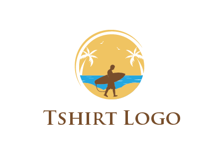 circular logo with palm trees and a surfer walking on the beach