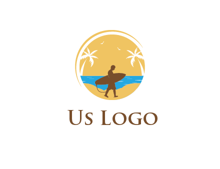 circular logo with palm trees and a surfer walking on the beach