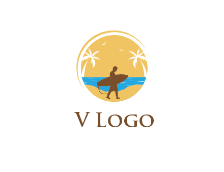 circular logo with palm trees and a surfer walking on the beach