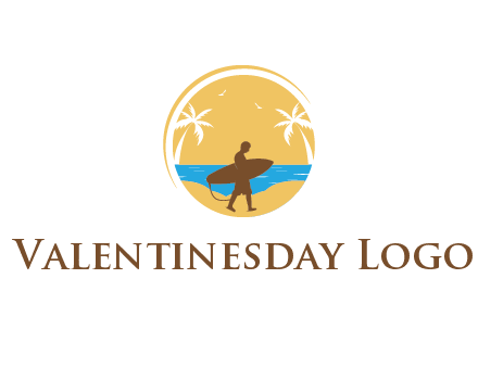 circular logo with palm trees and a surfer walking on the beach