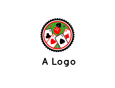 aces of cards, poker or casino chips and dice inside circular gambling logo