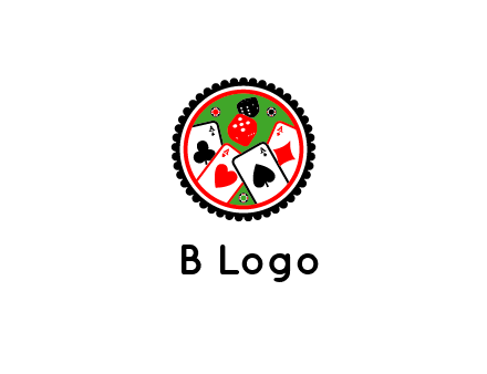 aces of cards, poker or casino chips and dice inside circular gambling logo