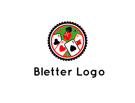 aces of cards, poker or casino chips and dice inside circular gambling logo