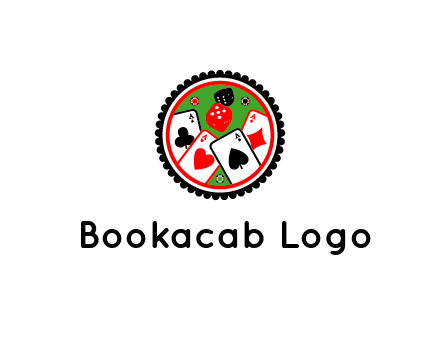 aces of cards, poker or casino chips and dice inside circular gambling logo