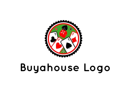 aces of cards, poker or casino chips and dice inside circular gambling logo