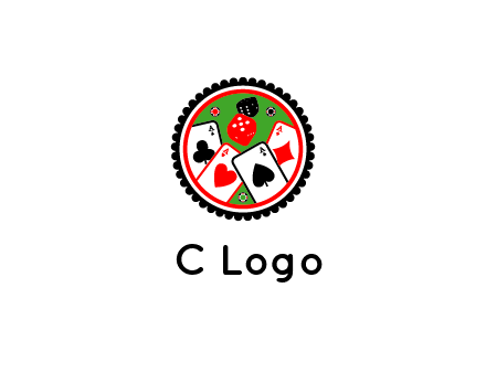 aces of cards, poker or casino chips and dice inside circular gambling logo