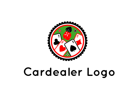 aces of cards, poker or casino chips and dice inside circular gambling logo