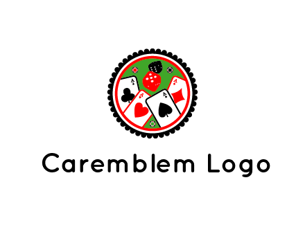 aces of cards, poker or casino chips and dice inside circular gambling logo