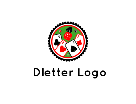 aces of cards, poker or casino chips and dice inside circular gambling logo