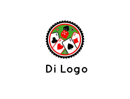 aces of cards, poker or casino chips and dice inside circular gambling logo