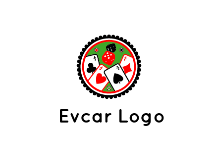 aces of cards, poker or casino chips and dice inside circular gambling logo