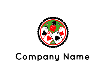 aces of cards, poker or casino chips and dice inside circular gambling logo