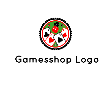 aces of cards, poker or casino chips and dice inside circular gambling logo