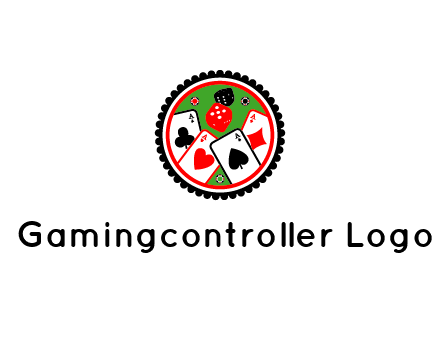 aces of cards, poker or casino chips and dice inside circular gambling logo