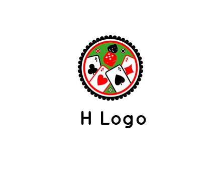 aces of cards, poker or casino chips and dice inside circular gambling logo