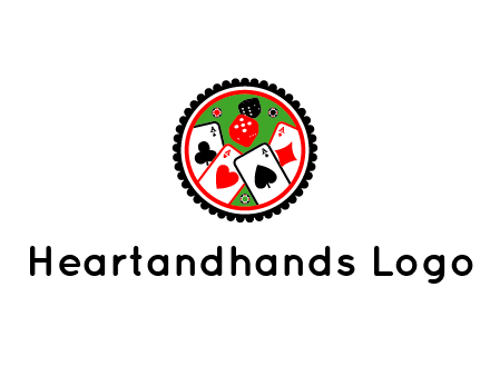 aces of cards, poker or casino chips and dice inside circular gambling logo