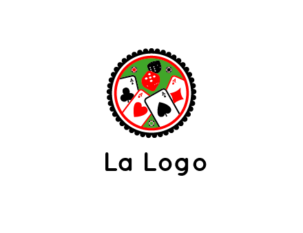 aces of cards, poker or casino chips and dice inside circular gambling logo