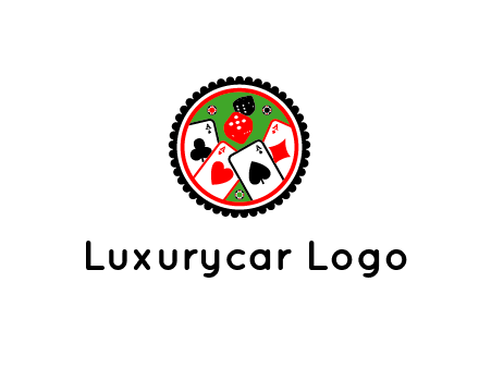 aces of cards, poker or casino chips and dice inside circular gambling logo