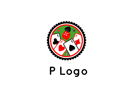 aces of cards, poker or casino chips and dice inside circular gambling logo