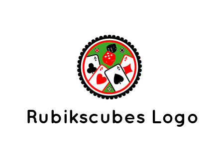 aces of cards, poker or casino chips and dice inside circular gambling logo