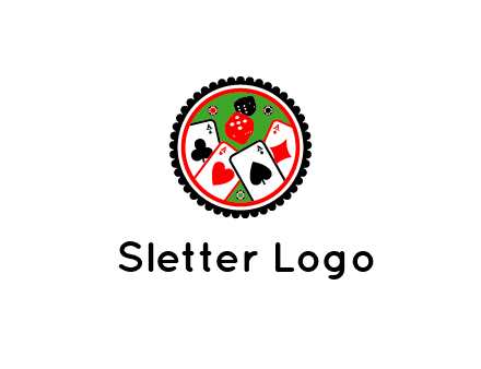 aces of cards, poker or casino chips and dice inside circular gambling logo