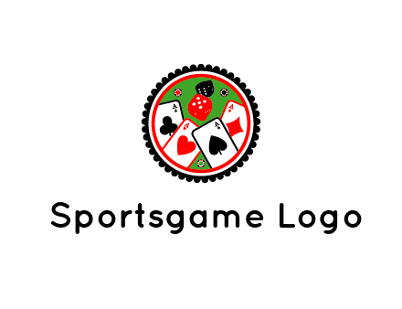 aces of cards, poker or casino chips and dice inside circular gambling logo