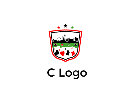 logo with aces in cards and outline of famous landmarks