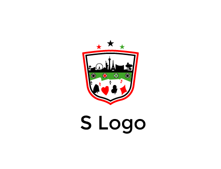 logo with aces in cards and outline of famous landmarks