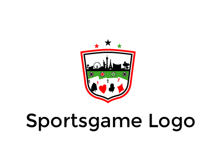 logo with aces in cards and outline of famous landmarks