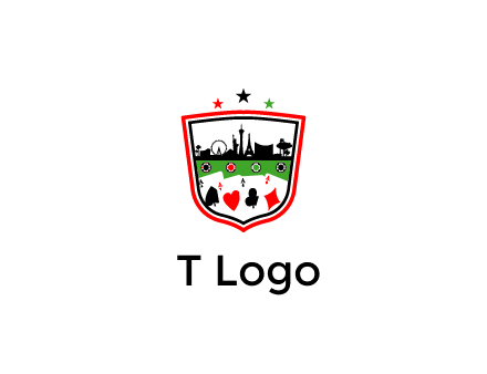 logo with aces in cards and outline of famous landmarks