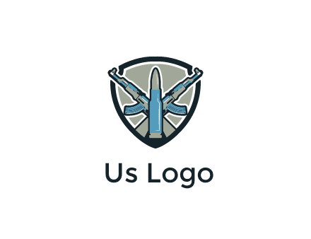 badge shape logo with a bullet and two AK-47 rifles crossed