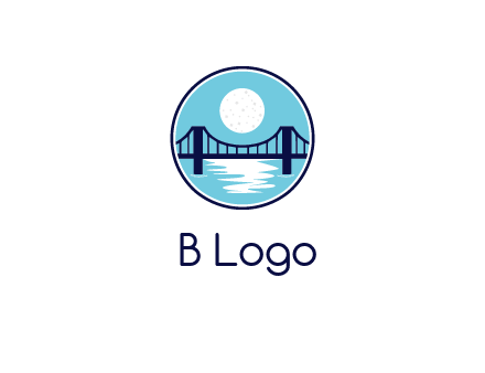 circular logo with a suspension bridge and the moon shining over water