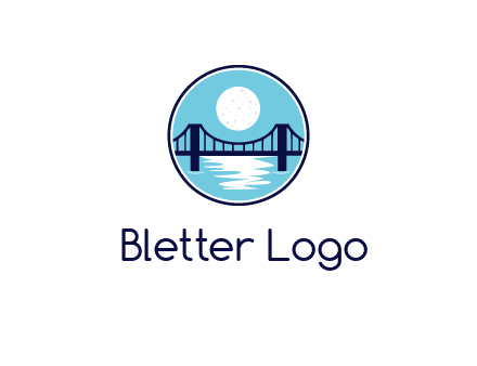 circular logo with a suspension bridge and the moon shining over water