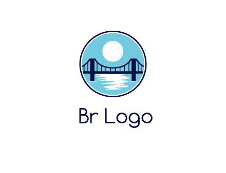 circular logo with a suspension bridge and the moon shining over water