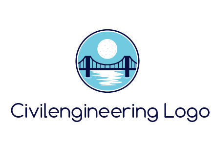 circular logo with a suspension bridge and the moon shining over water