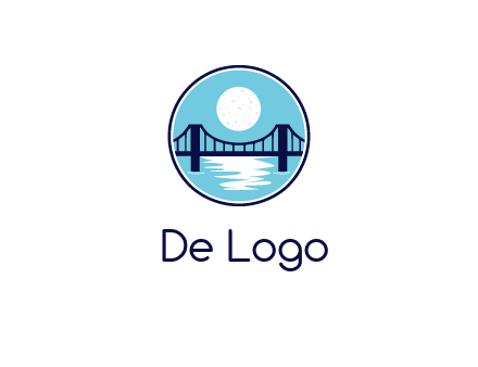 circular logo with a suspension bridge and the moon shining over water