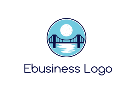 circular logo with a suspension bridge and the moon shining over water