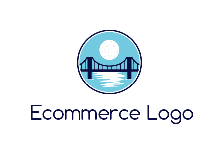 circular logo with a suspension bridge and the moon shining over water